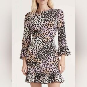 Veronica Beard Tamar Leopard Print Watercolor Ruffle Sleeve Mini Dress Silk